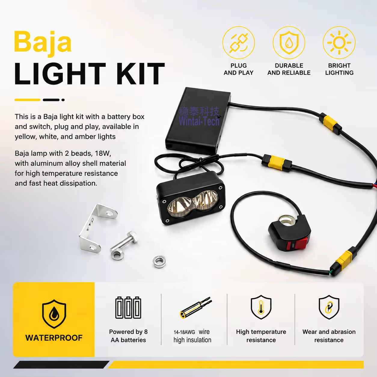 Wintai-Tech 8AA Universal Battery Powered with 12V White Baja Light Handle Switch for E-Bike Plug and Play Set
