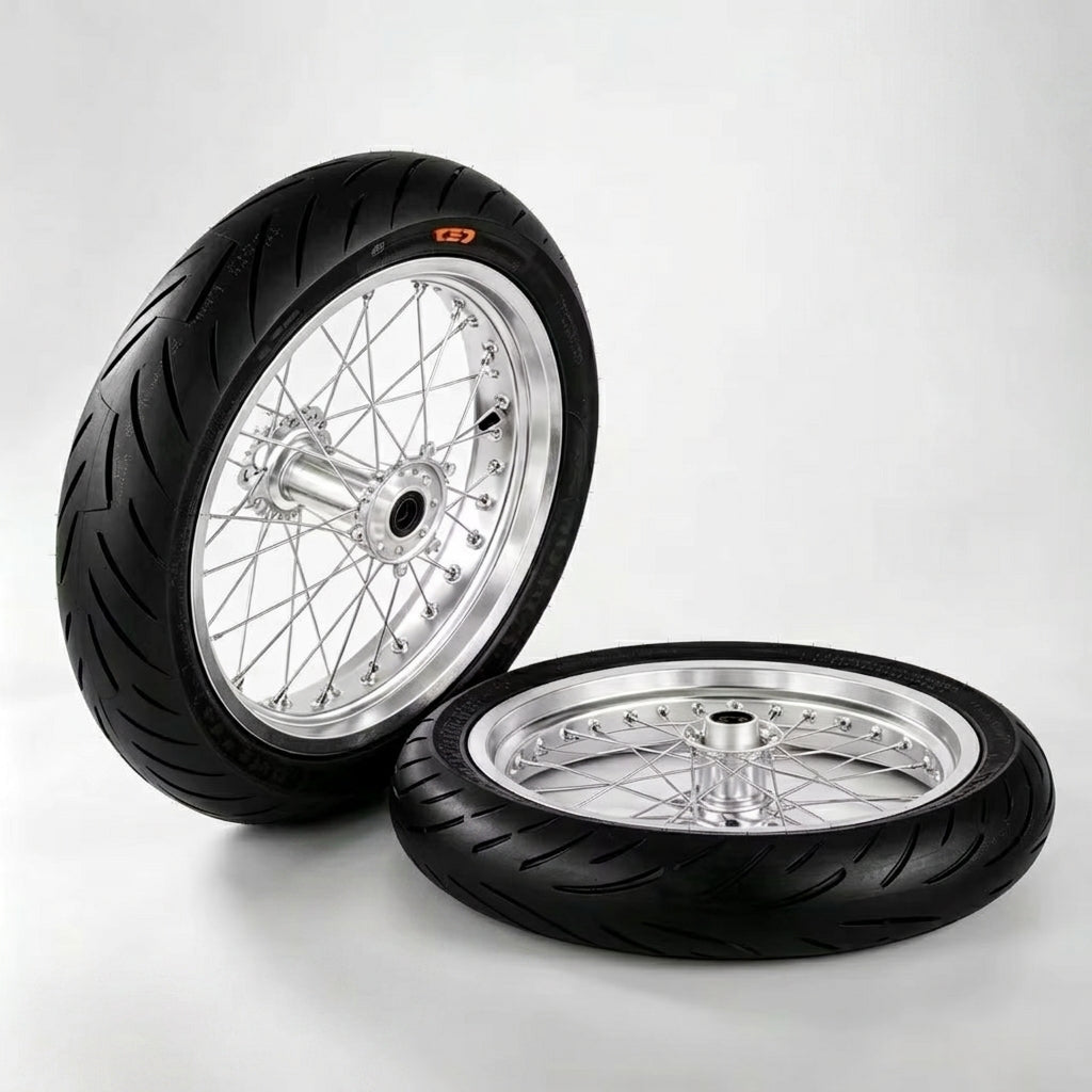 Sur-Ron Light Bee 17" Silver Alloy Supermoto Rim Set with CST Street Tyres