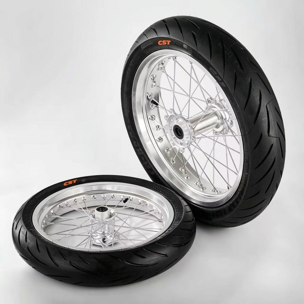 Sur-Ron Light Bee 17" Silver Alloy Supermoto Rim Set with CST Street Tyres